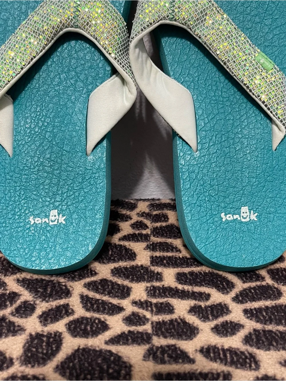 Sanuk Sequin Slip On Thong Summer Sandals Teal Green Y6-7
